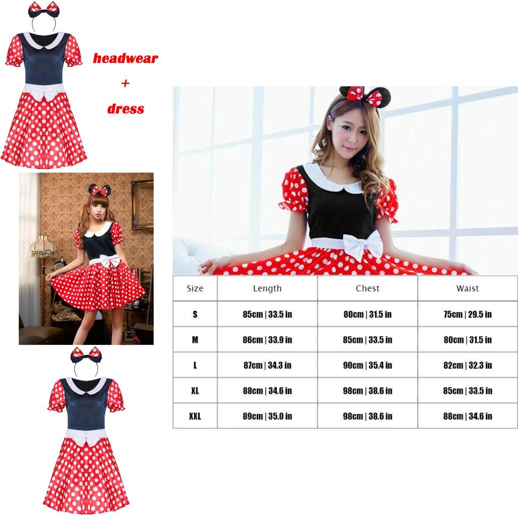 Elegantes Sexy Damen Kostüm für Erwachsene mit Cartoon Minnie Maus und Punkten für Halloween