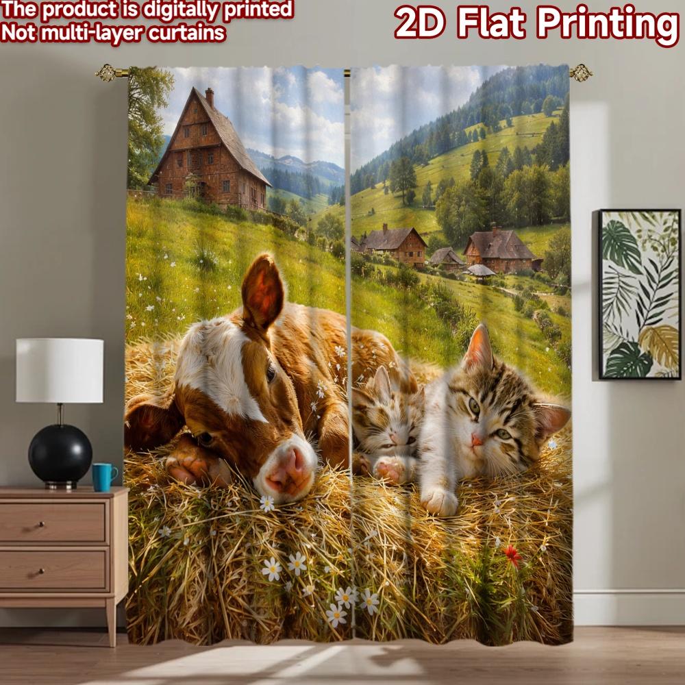 2D flat printing 2pcs Curtain Party Window Curtains Countryside Cow and Cats Digital Printed Polyester Drapes Festive Holiday 60×150cm(23.6×59in)