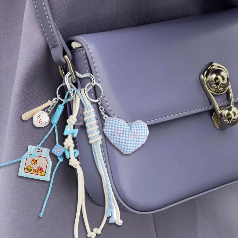 Cute Bag Charm Pendant Keyring Heart Beaded Braided Rope Keychain Bag Charm for Backpack Purse Handbag Decorations