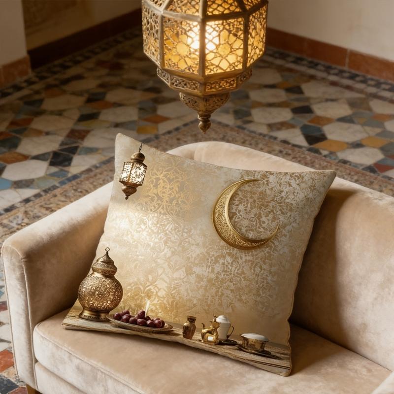 Soft Short Plush Cushion Cover Gold Moon Ethnic Festival Print 45x45cm Standard Size for Home Decoration