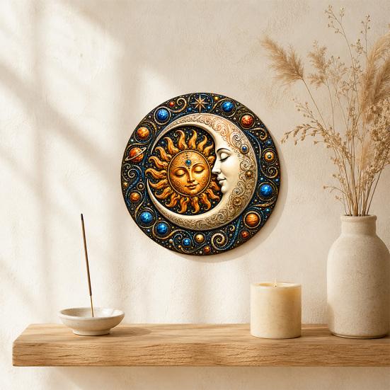 Indoor And Outdoor Wall Decor Sun Moon Art, 8Inch Round Metal Sign, Exotic Home Decoration Boho for Living Room Bedroom Entrance