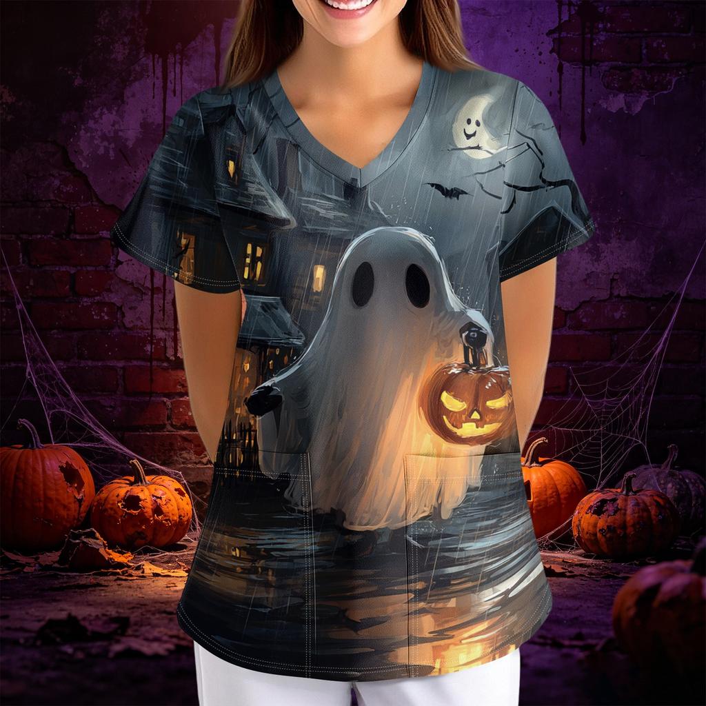 Women Halloween Print Loose Fit V Neck Short Sleeve Medical Scrub Top with Pockets Casual Workwear Uniform for Healthcare Professionals