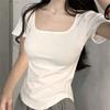 Threaded square neck curved hem short sleeved T-shirt, unique and tight fit, low neck, front shoulder, inner bottom top, JS