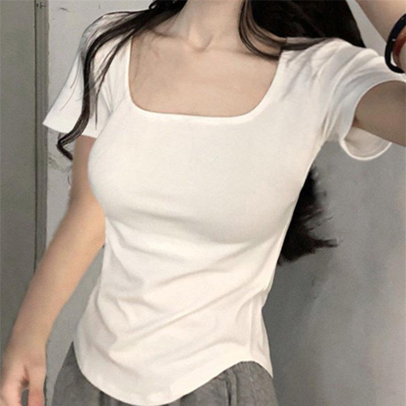 Threaded square neck curved hem short sleeved T-shirt, unique and tight fit, low neck, front shoulder, inner bottom top, JS