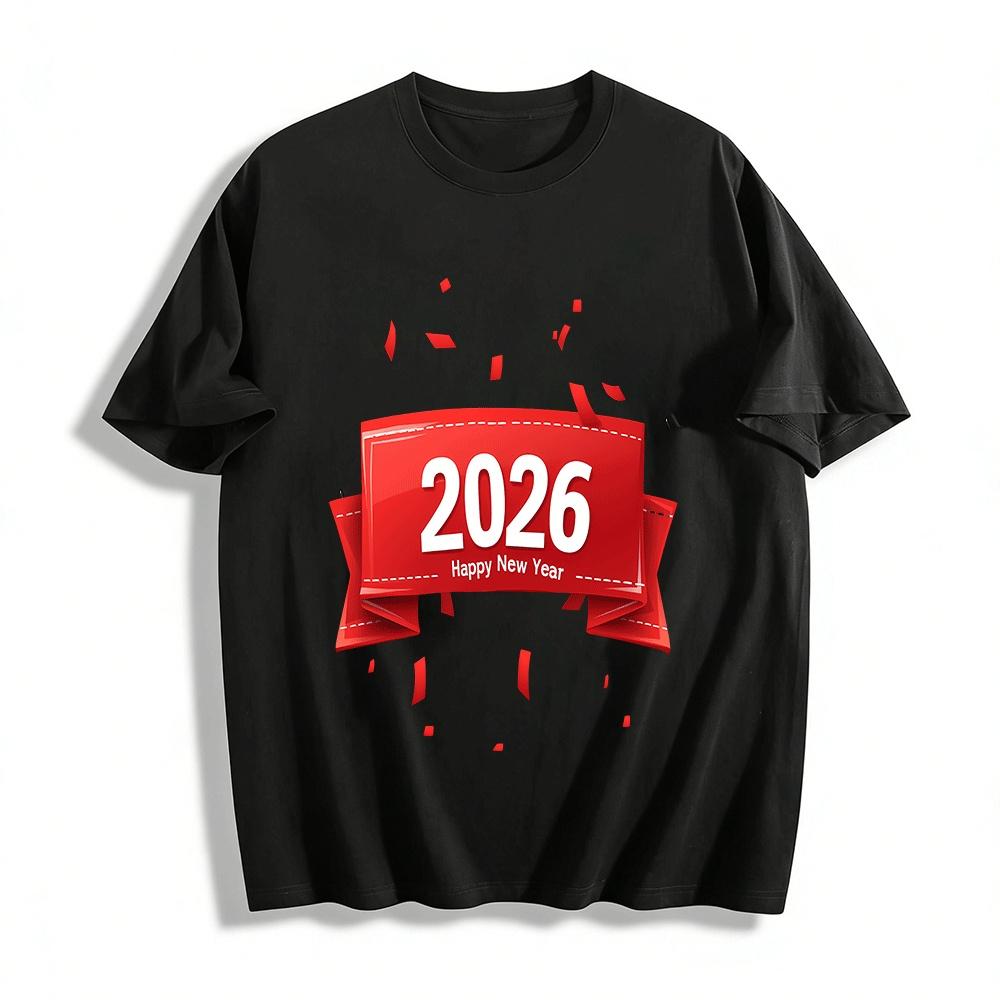 2026 Happy New Year Themed Printed Casual Loose Unisex Long Sleeve T-Shirt Pure cotton T-shirt XXS