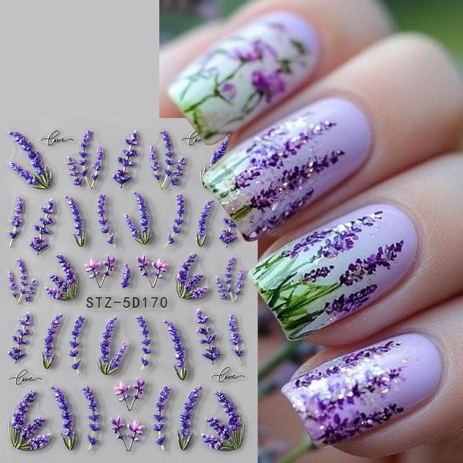 2 Pcs 5D Embossed Elegant Lavender Flowers Nail Stickers Bright Florals Adhesive Nail Decals Spring Petals Nail Access