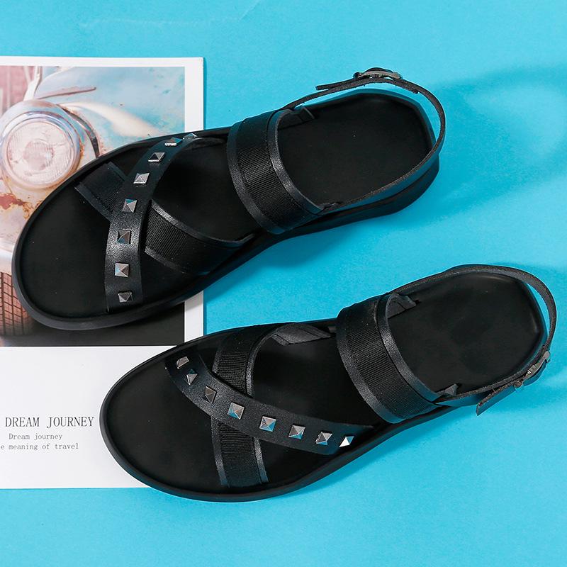 2024 Men's White Leather Open Toe Sandals: Trendy, Breathable, Non-Slip, Rivet Design, Summer Youth Style