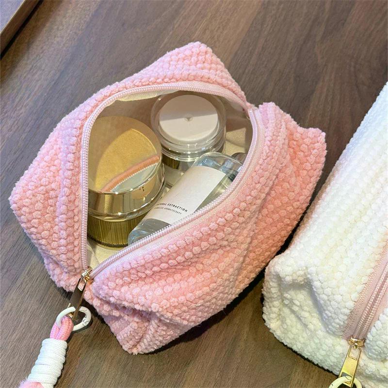 2026 New Ins Sweet Girl Candy Color Plush Large Capacity Makeup Bag Washbag Travel Portable Handheld Small Storage