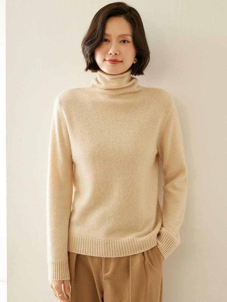 7-Gauge Double-Strand Ribbed Roll-Neck Women's Cashmere Sweater for Autumn/Winter