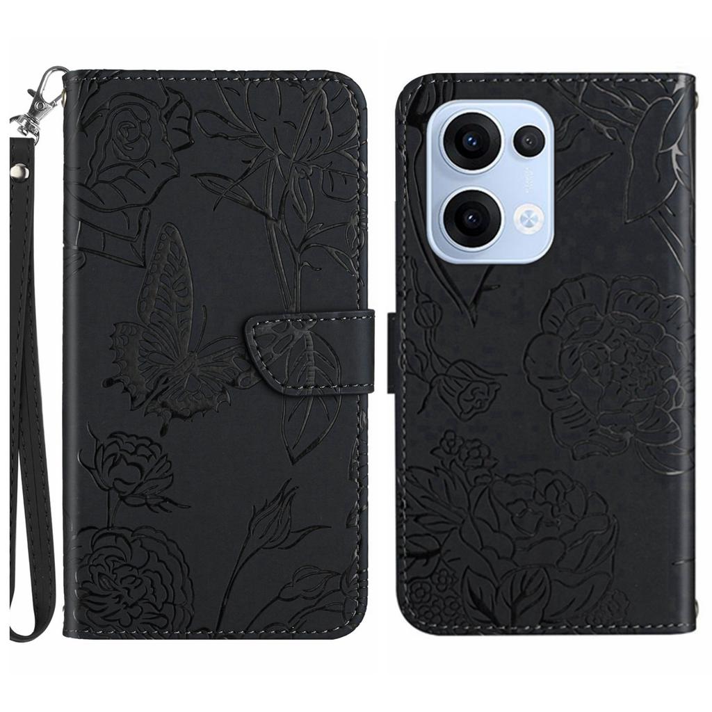 For Oppo Reno13 5G (Global) Case Butterfly Flower Imprinted Leather Phone Cover with Strap