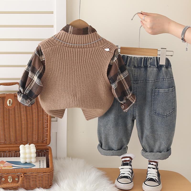 Boys' Long Sleeved 3-piece Set, Autumn and Winter Sleeveless Knitted Vest+checkered Shirt+denim Pants, Children's Comfortable Set