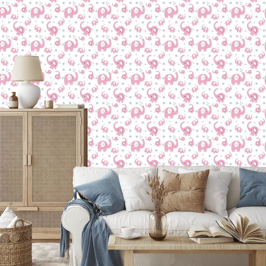 Elephants Wallpaper White, Powder Pink and Light Gray 50x1000