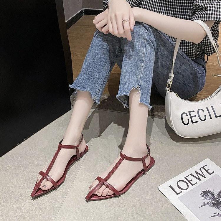 Fashion Women Fashion Sandals Thin Low Heels Pointed Open Toe Ankle Strap Dress Shoes Solid Color Summer Ladies Thin Low Heels Sandals