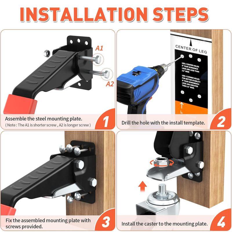Workbench Casters Kit 660 Lbs - Retractable Casters Heavy Duty Bench Caster Wheels Designed for Workbenches Machinery & Tables,