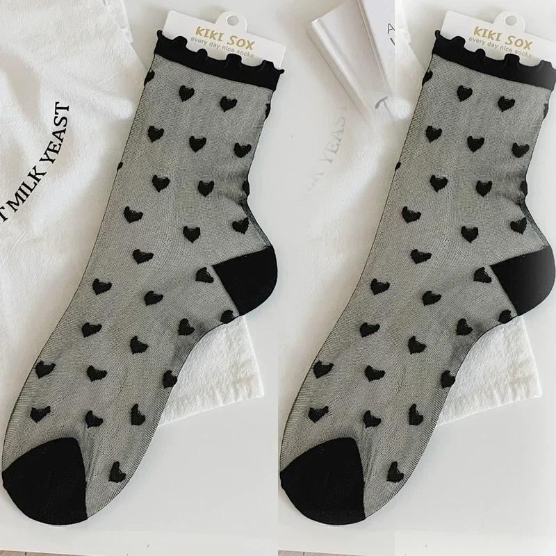Lolita Invisible Socks Women Girls Summer Silk Lace Socks Crystal Silk Love Heart Ankle Socks Black White Transparent JK Sock