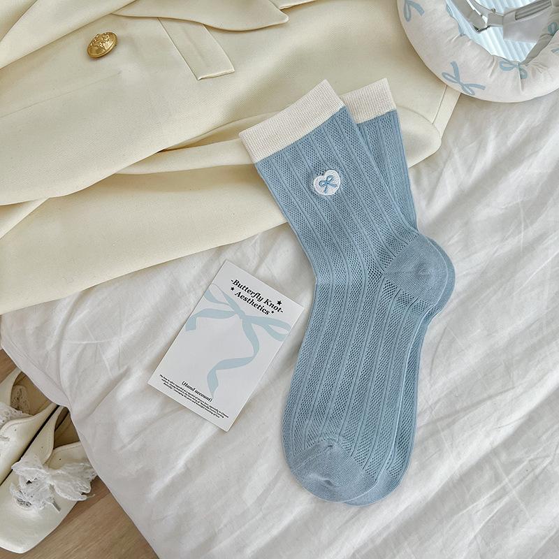 Boneless Love Embroidered Socks, Mid-Leg Socks, Thin Cotton Trendy Korean Bow Stockings