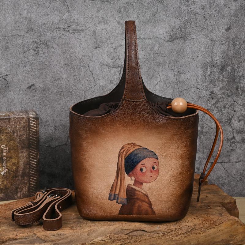 Vintage Floral Print Handmade Cowhide Leather Bucket Bag