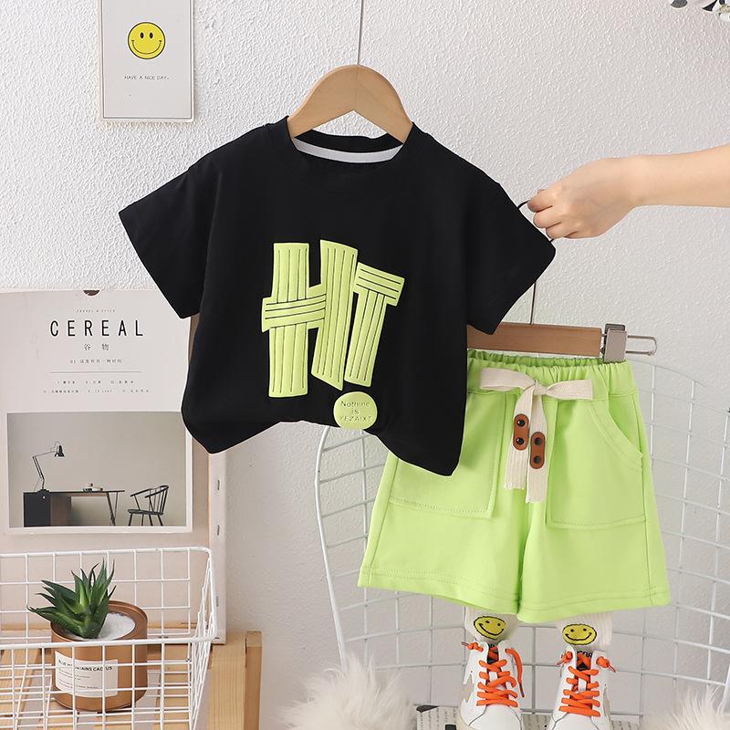 

Летний костюм для мальчиков и девочек, коллекция 2024 года, детская футболка с короткими рукавами и шорты, детская хлопковая рубашка, комплект из 2 предметов 12M чёрный