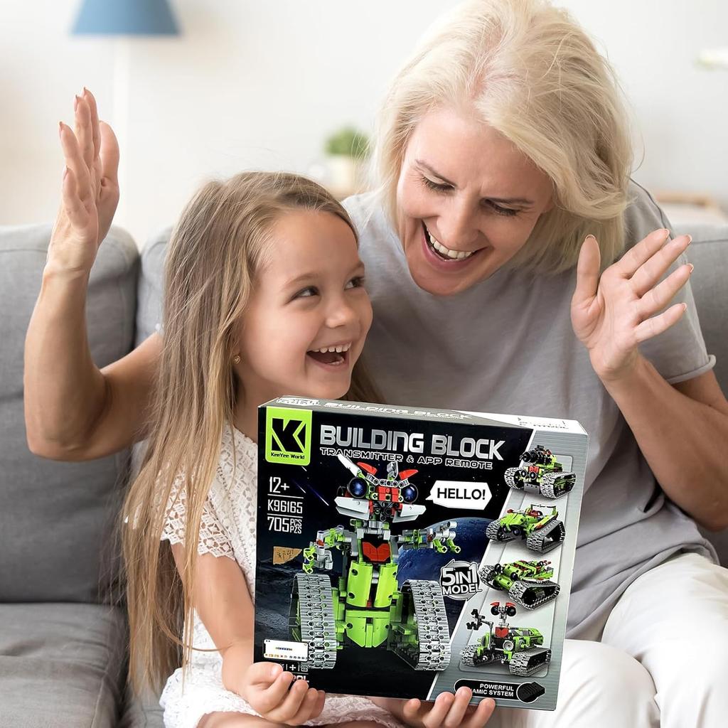 5 In 1 Robot Building Kit for Kids, Educational STEM Building Blocks Set, Remote & APP Control Construction Robot/Tracked Racer/Tank/Bulldozer,