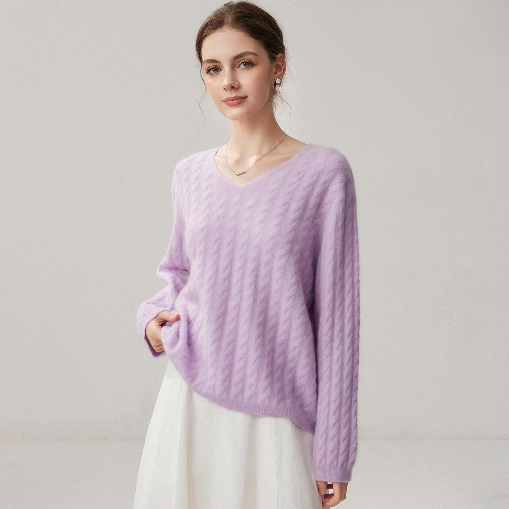 Women's Cashmere V-Neck Sweater - Aran Jacquard Knit, Loose Fit, Autumn Style