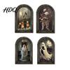 Solid Wood Halloween Frame Arched Wooden Wall Decor, Ghost Cat Hanging Ornament, Distressed Gothic Decorations Tabletop Decor Plaque, Spooky