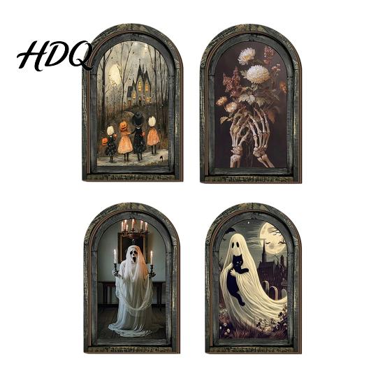 Solid Wood Halloween Frame Arched Wooden Wall Decor, Ghost Cat Hanging Ornament, Distressed Gothic Decorations Tabletop Decor Plaque, Spooky