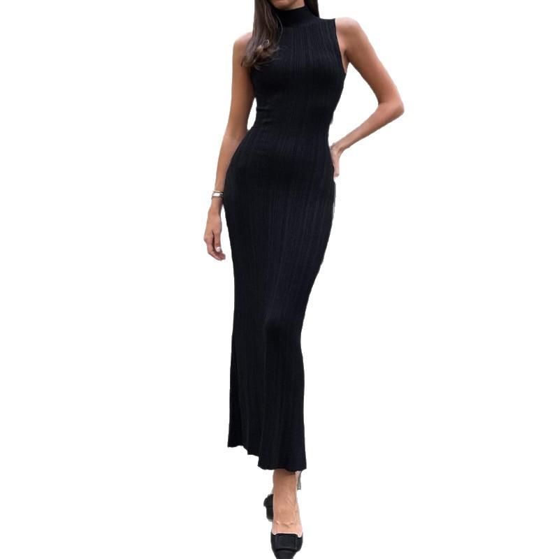 Sleeveless High Neck Slim Fit Long Dress In Light Brown, Available In Multiple Colors