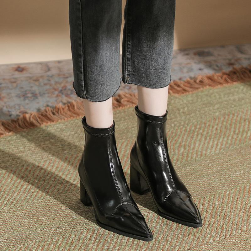 

Одиночные флисовые ботинки Li, женские, осенне-зимние, средней длины, из лакированной кожи, с молнией сзади, женские туфли, с заостренным толстым каблуком, модные ботинки 35