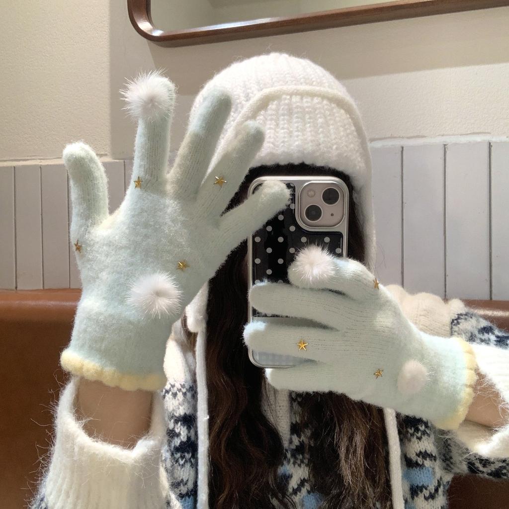 New cute hairball knitted wool gloves for women to keep warm in winter, touch the screen with five fingers for outdoor riding to prevent cold