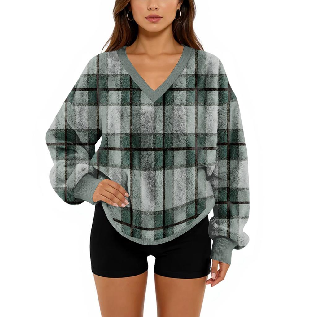 Women's V-Neck Sweatshirt Plush Solid Color Casual Fashion Long Sleeve With Pocketed Pullover Top