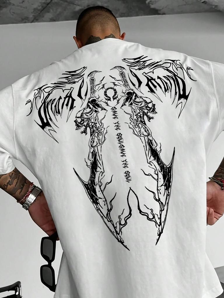 Pánské tmavé tričko s anime potiskem Stylové streetwearové grafické tričko Design plamenů a mečů Ležérní tričko s krátkým rukávem a kulatým výstřihem Léto