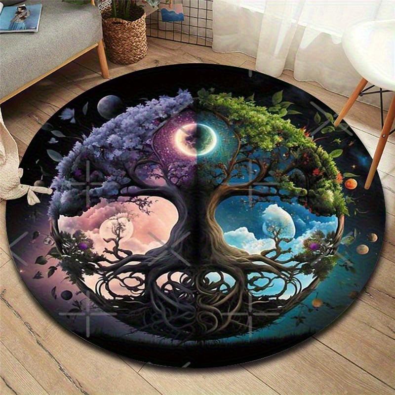 Round Tree of Life Themed Doormat - Soft Polyester Anti-Slip Floor Mat with Vibrant 2D Flat Print Design, Perfect for Home, Hote