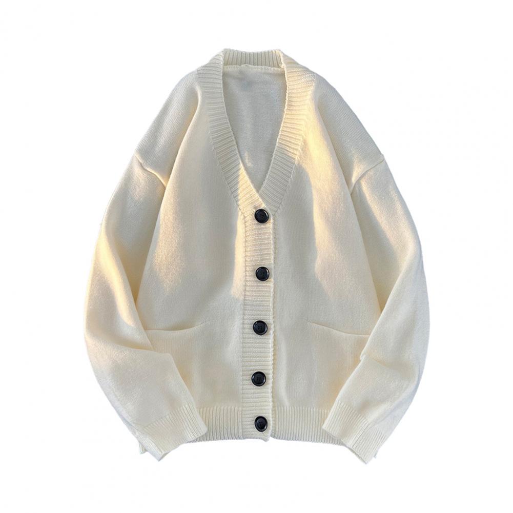 Осень-зима мужской свитер кардиган с V-образным вырезом трикотажный толстый эластичный длинный рукав облегающий теплый однотонный трикотаж для повседневной носки XL абрикосовый 3159₽