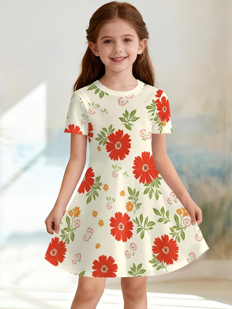 Mädchenkleider Bunt Floral Grafik Print Kurzarmkleid Sommerurlaub Süßes Mädchen Prinzessinnenkleid Mode Freizeitkleidung