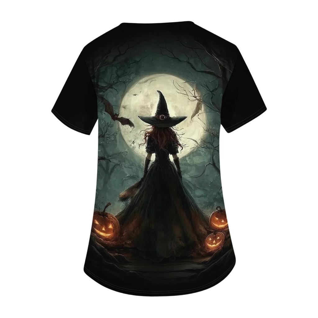 Women V Neck Short Sleeve Work Shirt Side Slit Top with Pockets Halloween Print Casual Blouse for Daily Wear