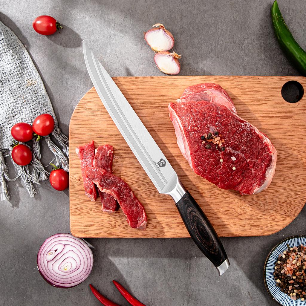 WILDMOK 8 Inch Professional Carving Knife 8 Inch Meat Cutting Knife German Stainless Steel BBQ Knife with Black Wood Handle