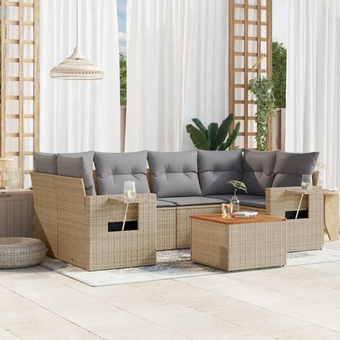 VidaXL Salon de Jardin avec Coussins 7 pcs, Canapés de Terrasse, Ensemble de Meubles de Patio, Mobilier d'Extérieur, Beige 3224463