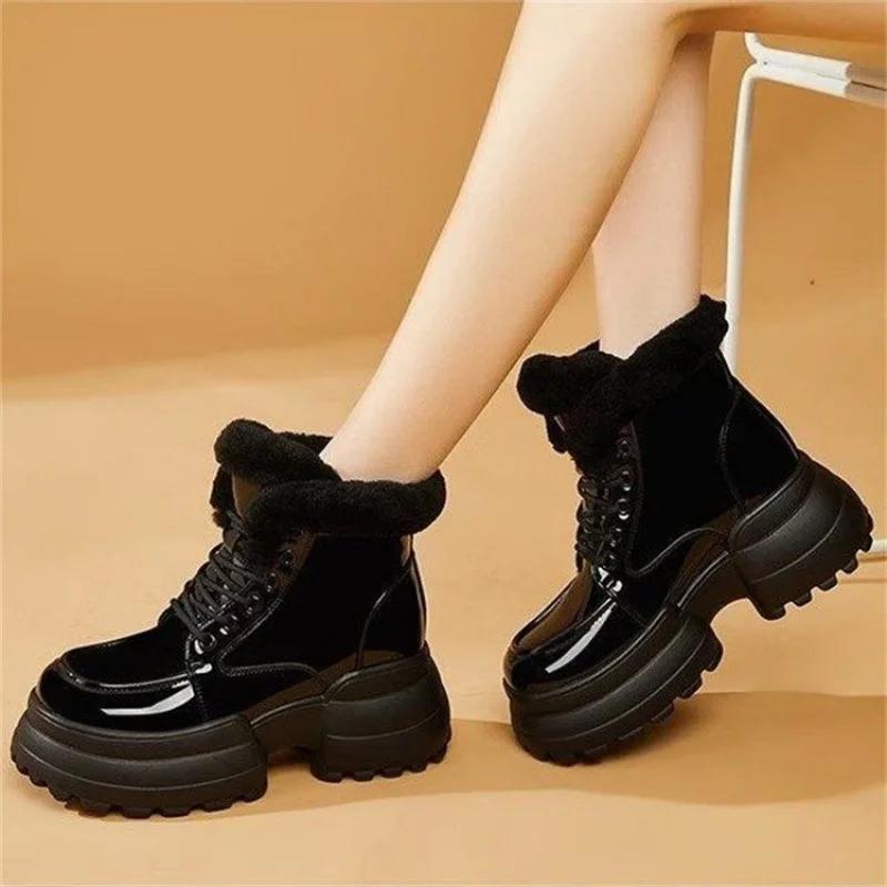 Fashion Winter Women's Boots Plush Comfortable Warm Waterproof Platform Height Increasing Ankle Boots Anti Slip Outdoor Short Boots2025