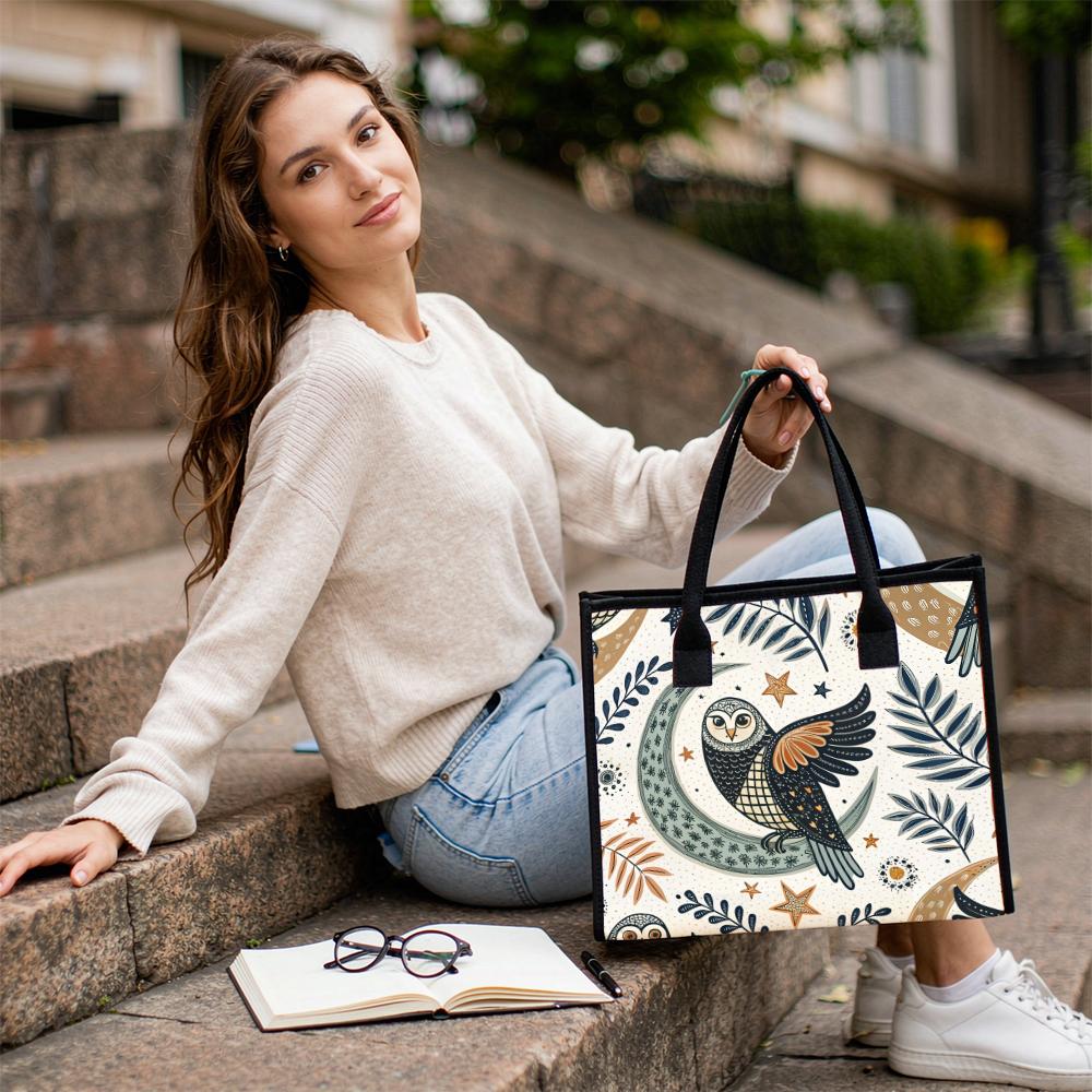 Cute Owl Print Canvas Tote Bag Boho Moon Star Pattern Casual Shoulder Handbag for Daily Shopping Commute
