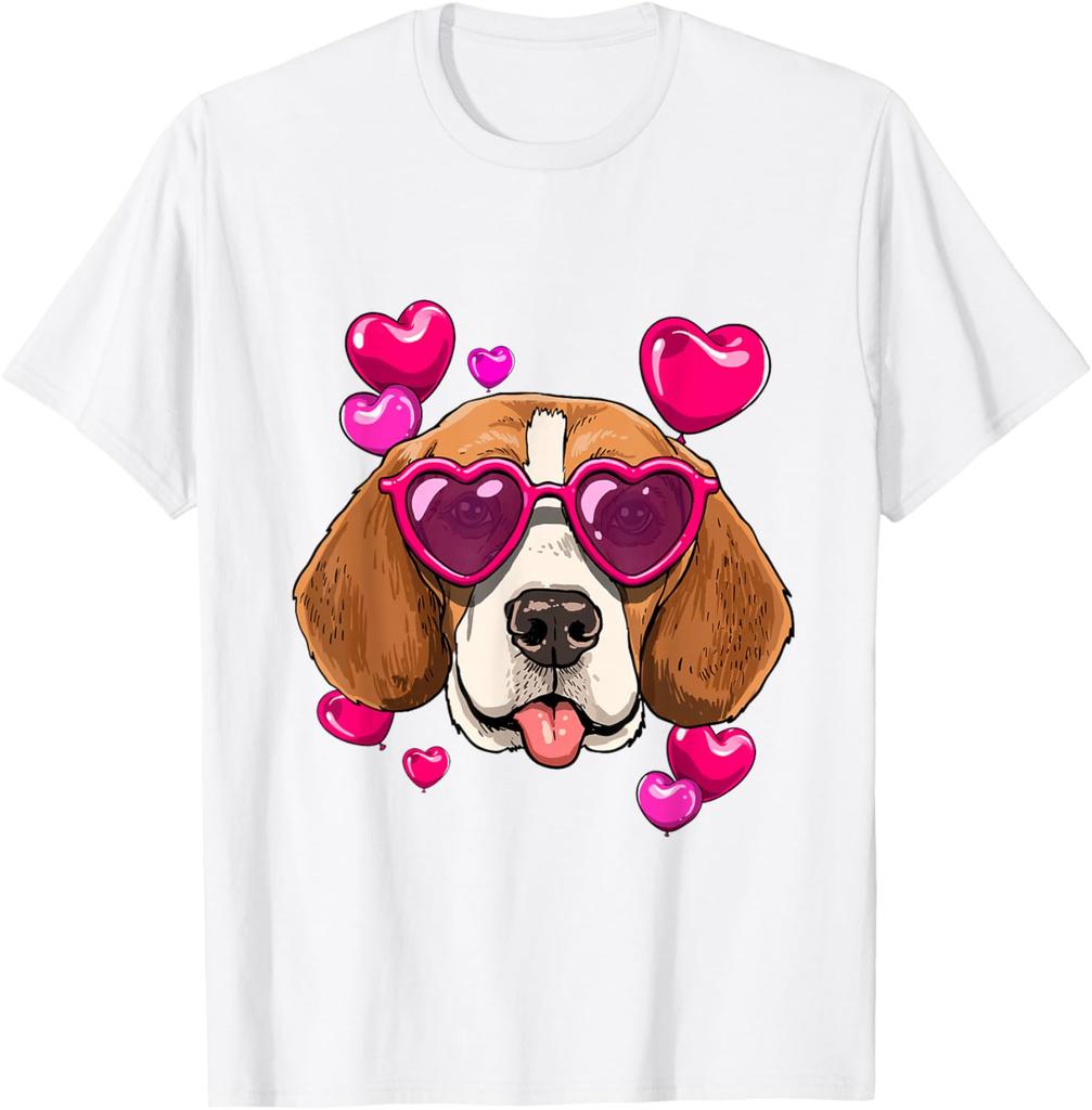 Beagle Heart Sunglasses Valentines Day Dog Lover Graphic Tee Casual Cotton T-Shirt