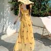 Seaside vacation style temperament waist beautiful long dress women's summer new French coffee break yellow floral dress