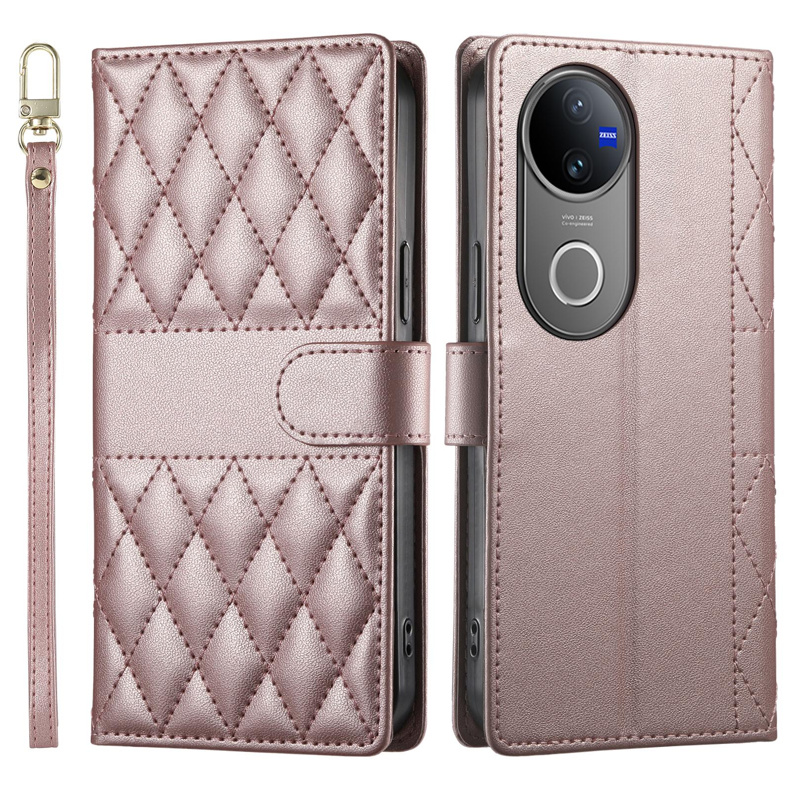 

For vivo V50 5G Case Rhombus Stitching Wallet Stand Leather Phone Cover with Long/Short Strap Rose Gold
