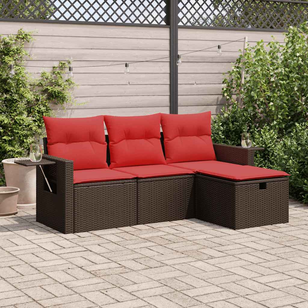 4 Piece Garden Sofa Set with Cushions Brown Poly Rattan