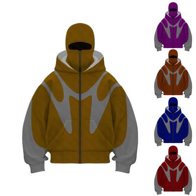 Men's Oversized Zip Up Hoodie Color Block Long Sleeve Hooded Sweatshirts Retro Jacket  Hoodie