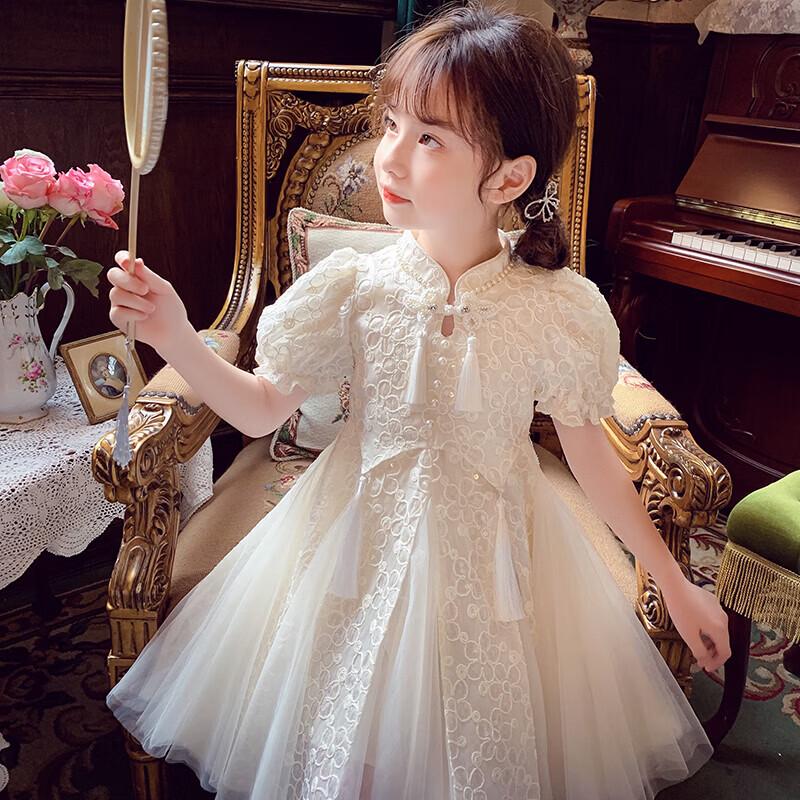 MIMIHELLO Girls  New Chinese Style Bubble Sleeve Mesh Dress 160