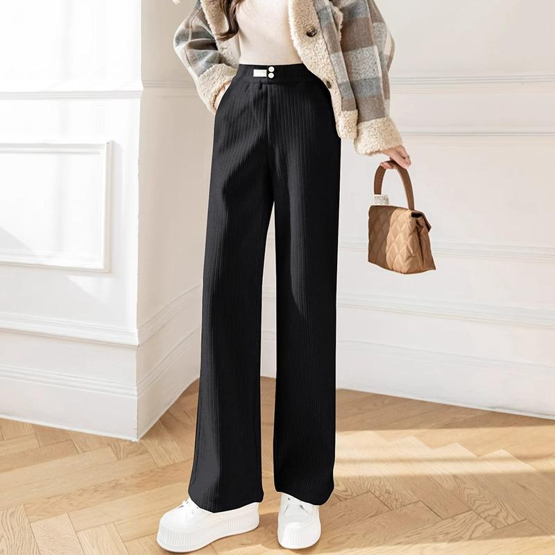 Petite Beige Fleece Chenille Wide-Leg Pants - Women’s High-Waisted Slim-Fit, Autumn/Winter Casual Straight-Leg XS-150