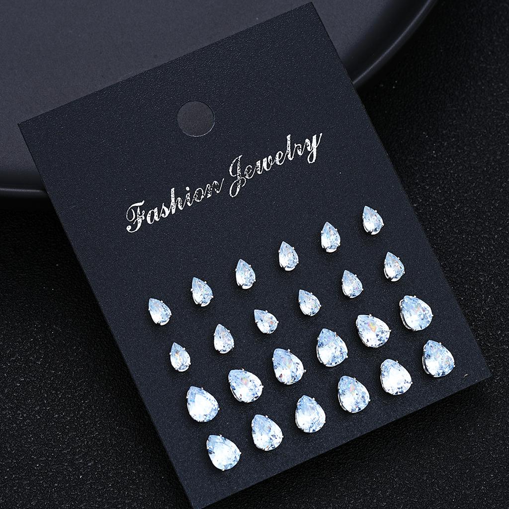 24 Pcs Shiny Zircon Stud Earrings Set for Women Daily Versatile Chic Silver Color Crystal Water Drop Ear Jewelry Accessories New