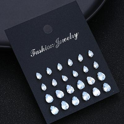 24 Pcs Shiny Zircon Stud Earrings Set for Women Daily Versatile Chic Silver Color Crystal Water Drop Ear Jewelry Accessories New