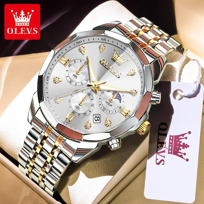 OLEVS Men Watch Fashionable Original Moon Phase Quartz Watch Waterproof Luminous Automatic Date Stainless Watch Gifts