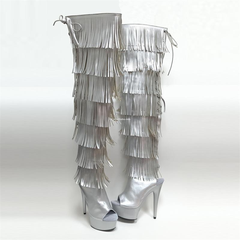 Women's shoes 2025 spring new high tube over knee fish mouth high heels women's black fashion women's shoes super high heel 15CM